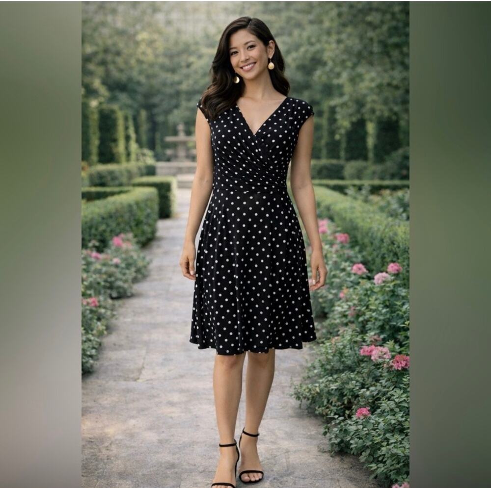 Lauren Ralph Lauren Black and White Polka Dot V-Neck Dress Women's Size 14